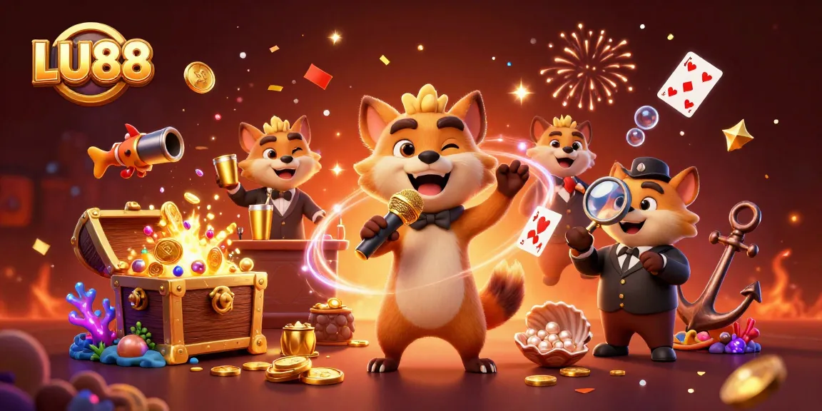 LU88 hyenas deliver laughs in a vibrant casino scene with golden elements and dynamic gaming action.