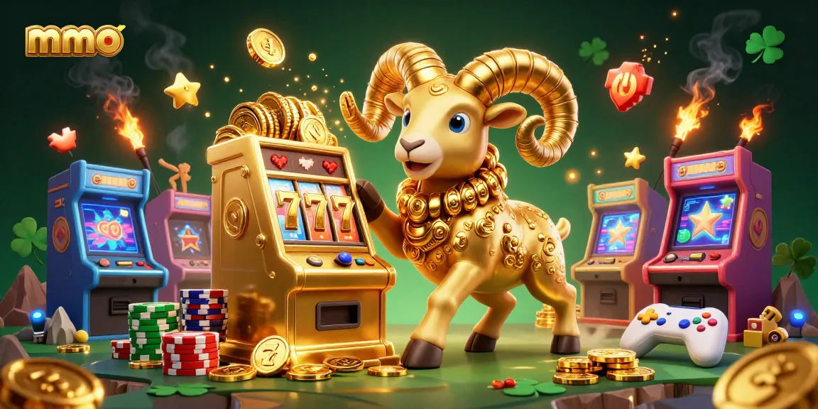 mmoo showcases a golden ram charging at a slot machine with dynamic casino game elements.
