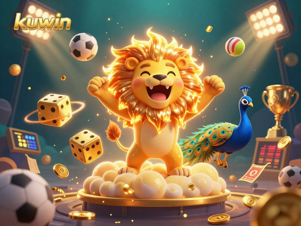 Kuwin shines bright in an epic 3D casino illustration with dynamic sports action and vibrant rewards.