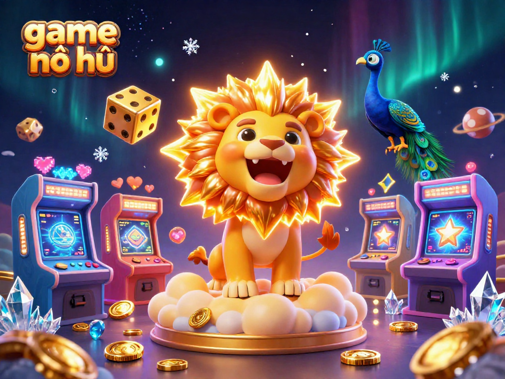 A colorful and vibrant scene showcasing game nổ hũ elements with a lion and animated characters amidst flashy casino games.