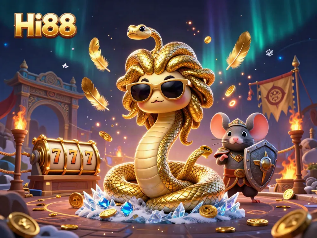 Experience thrilling gameplay at Hi88 with charming Medusa and a brave warrior in a dynamic casino setting.