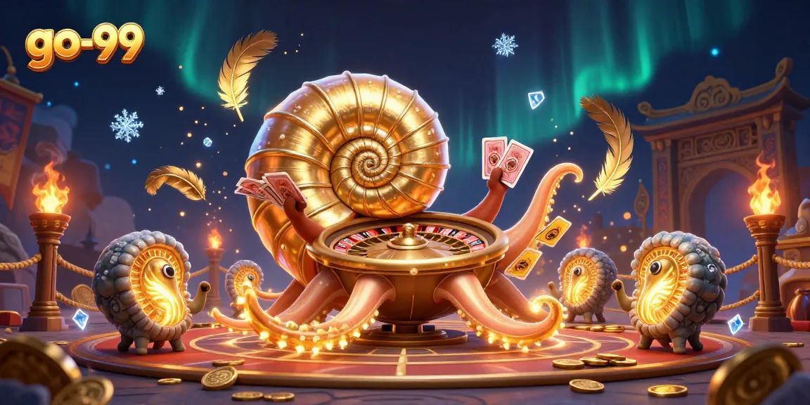 Spin the go-99 roulette with a giant nautilus and glowing ammonite companions at an exhilarating casino setting.