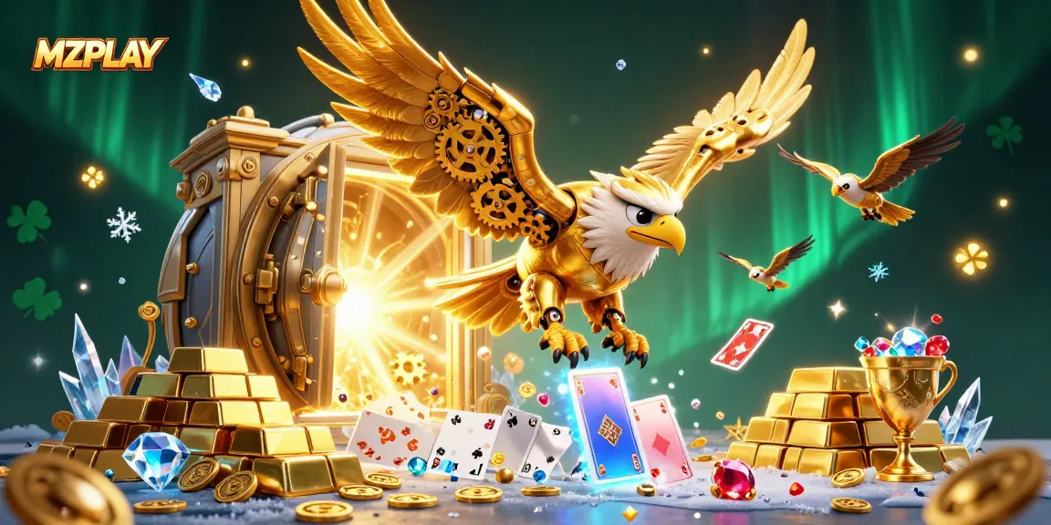 MZPLAY brings excitement as a golden eagle dives through holographic cards in this dynamic casino scene.