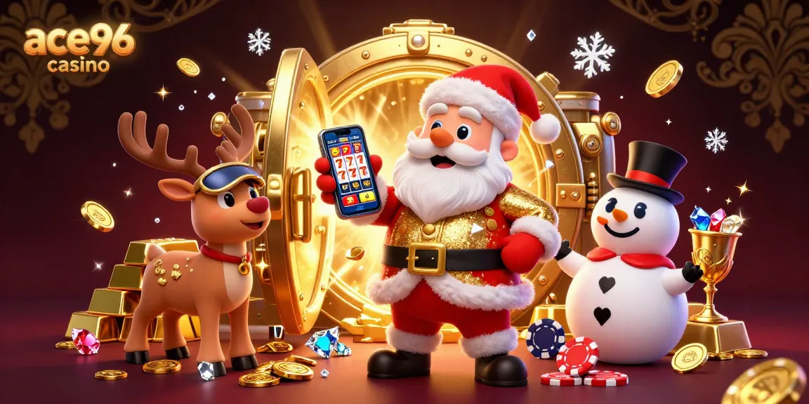 Experience the thrill of ace96 casino with Santa and friends celebrating big jackpots in a dynamic 3D scene.