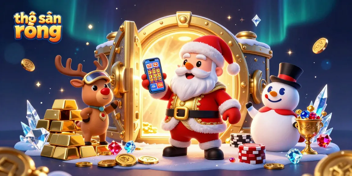 Win big with thợ săn rồng in this vibrant casino scene featuring festive characters and dazzling treasures.