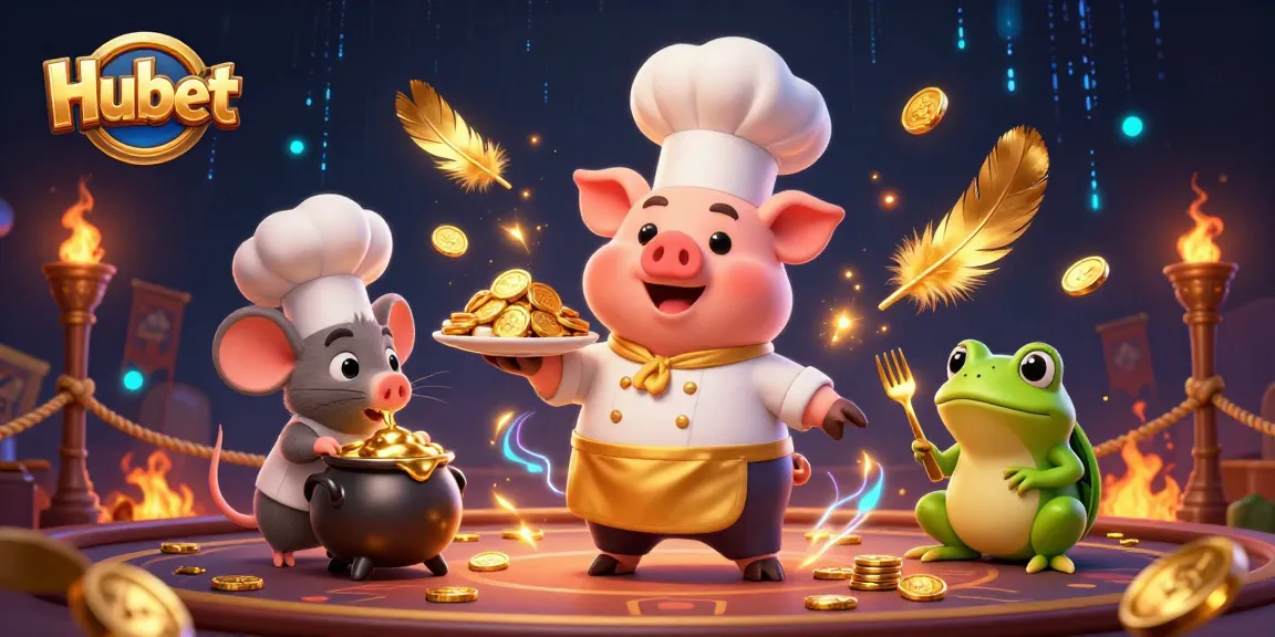 Hubet offers a vibrant casino scene with characters celebrating a jackpot of gold coins and casino elements.
