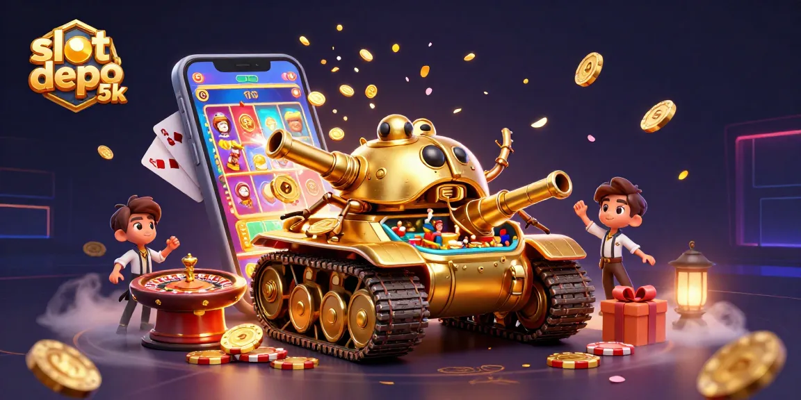 Experience thrilling gameplay with slot depo 5k as golden coins and casino excitement erupt from a vibrant illustration.