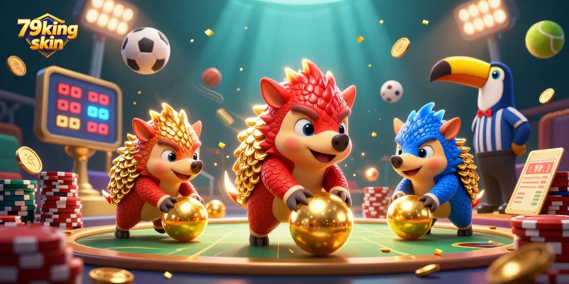 Experience thrilling gameplay with 79king skin as pangolins roll golden balls in a vibrant casino scene.