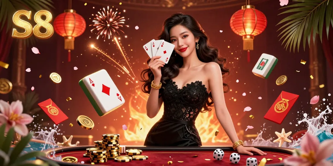 S8 captivates players with an elegant setting as she fans ace cards amidst a vibrant casino scene.