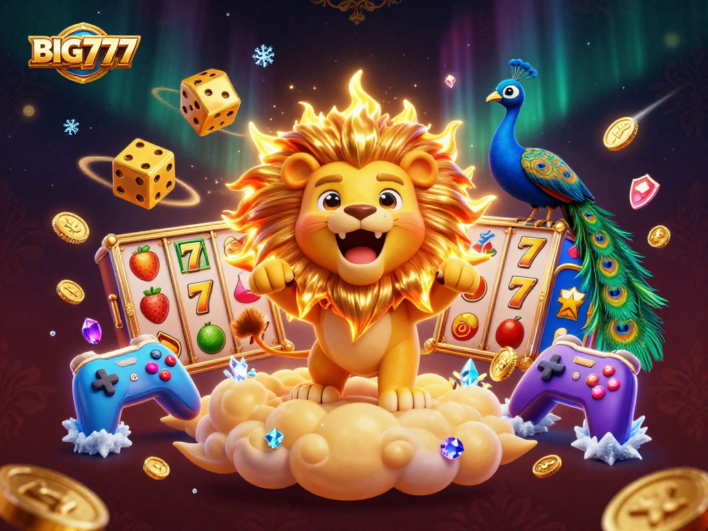 Engage with BIG777's thrilling slots featuring a roaring sun lion and golden dice