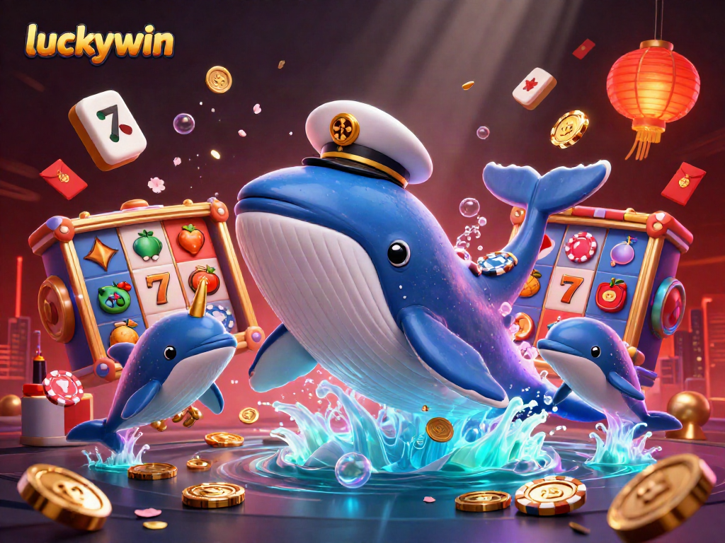 Engage in slots with luckywin: Vibrant 3D illustration showcasing a whale and dazzling casino elements.