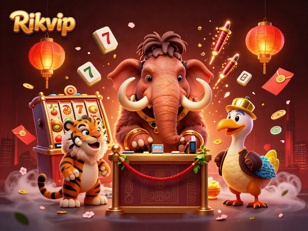Experience the vibrant energy of Rikvip's gaming scene with animated characters and casino elements.