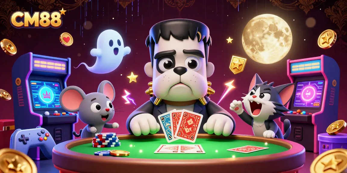 Experience thrilling card dealing at CM88's spooky casino table with vibrant characters and games.