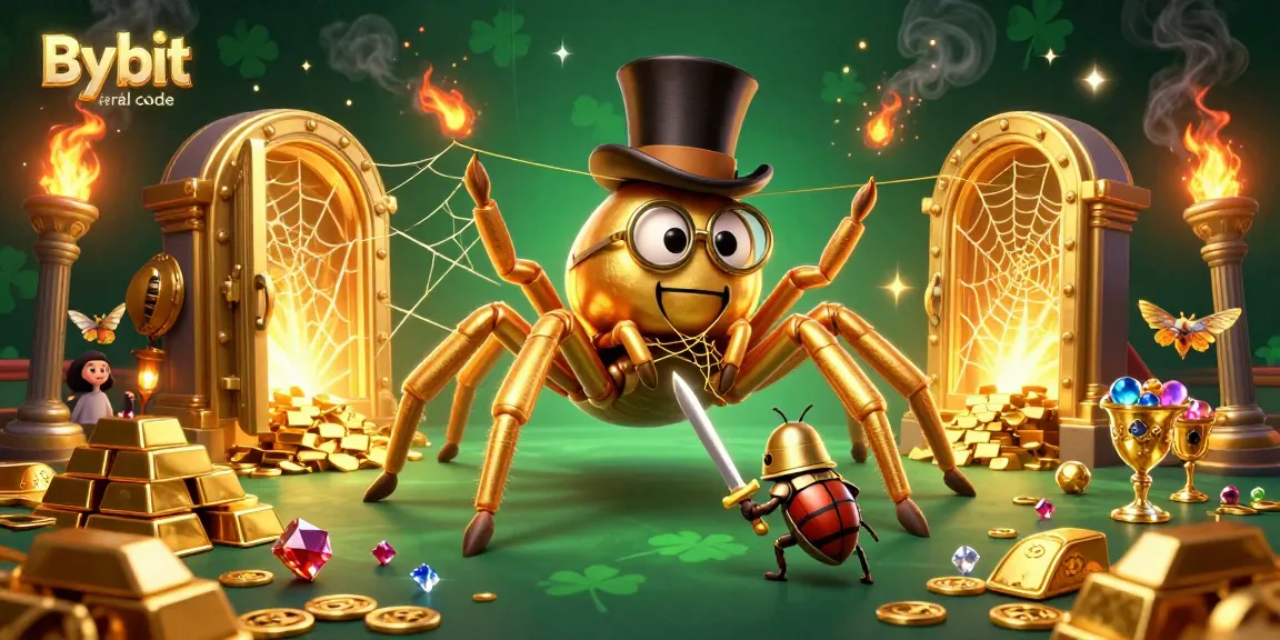 Engage with the thrilling Bybit referral code scene featuring a golden tarantula and beetle knight amidst casino treasures.