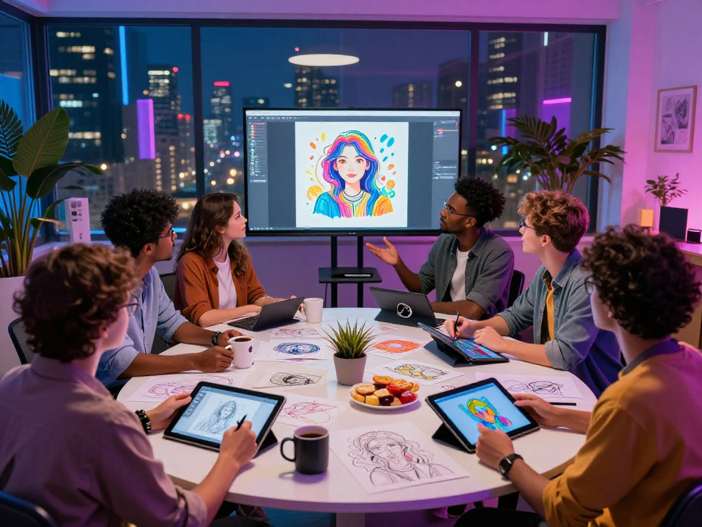 Creative team exploring nsfw ai through collaboration in a vibrant art studio.