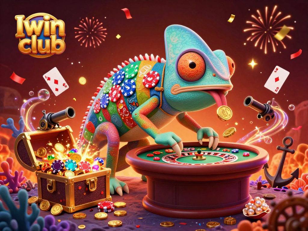 Iwin club showcases a vibrant casino scene featuring a chameleon owner and colorful gaming elements.
