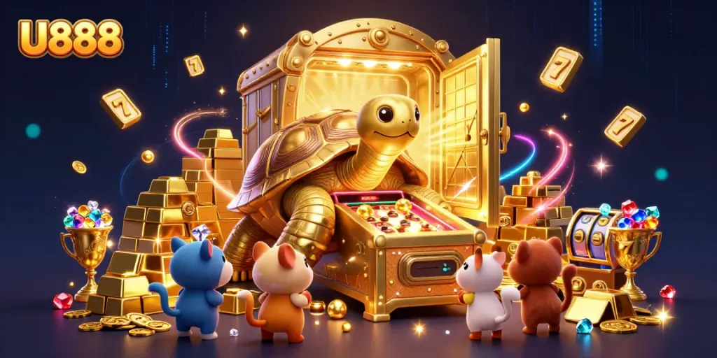 Experience thrilling slot action at U888 with a vibrant, cartoon-filled casino atmosphere.
