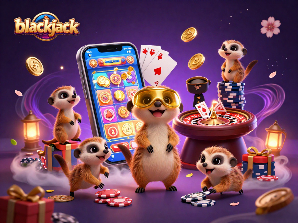 Experience the excitement of blackjack as meerkats run a lively casino, surrounded by vibrant gaming elements.