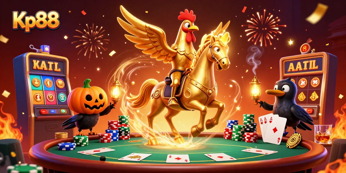 Kp88 highlights a unique casino experience with dynamic characters amidst vibrant casino elements.