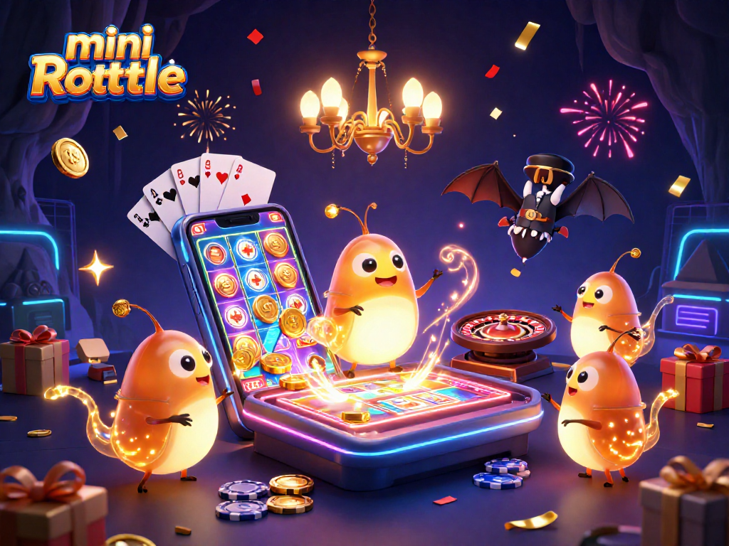 Play mini roulette with a whimsical cave scene featuring glowing characters in a vibrant casino atmosphere.