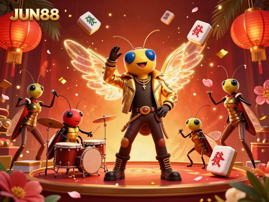 Experience the excitement of JUN88 with a 3D rock star casino scene featuring lively characters and vibrant gaming elements.