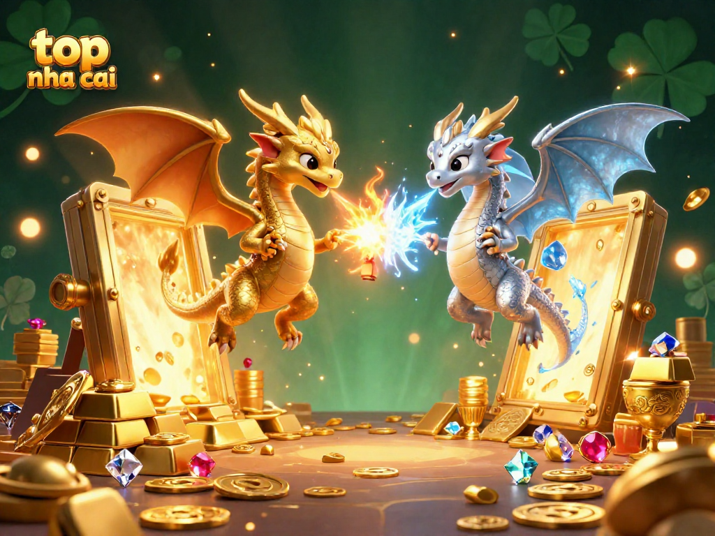 Engage with top nha cai through this vibrant 3D illustration featuring dragons amidst treasures and casino elements.