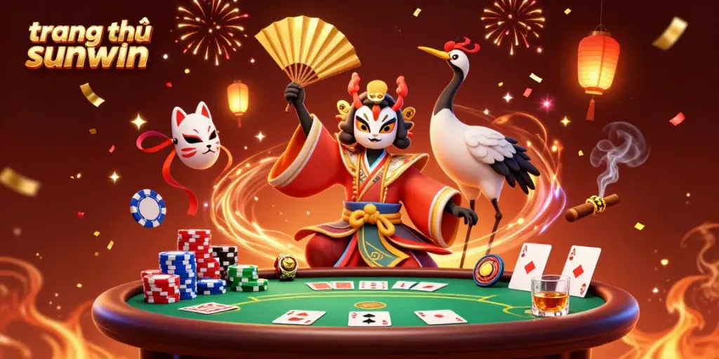 Play poker with excitement at trang chủ sunwin featuring a kabuki warrior and kitsune mask amidst vibrant casino elements.