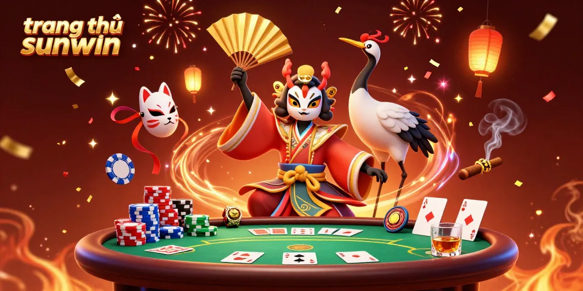 Play poker with excitement at trang chủ sunwin featuring a kabuki warrior and kitsune mask amidst vibrant casino elements.