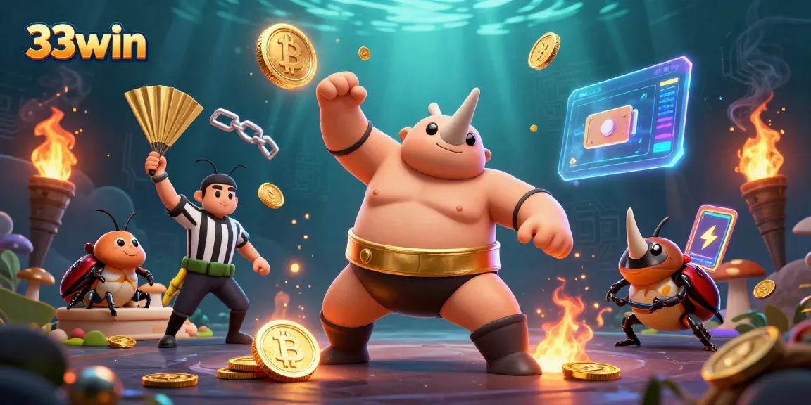33win showcases a dynamic scene with a rhinoceros beetle champion and cryptocurrency elements.
