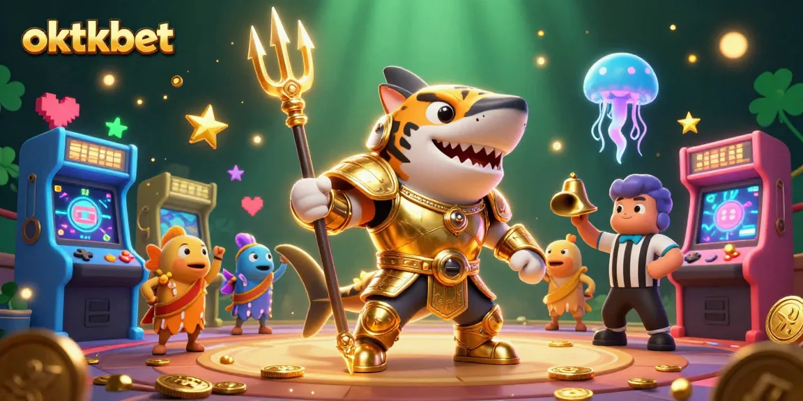 Experience the thrill of oktkbet as a tiger shark battles underwater, amidst arcade games and a vibrant casino scene.