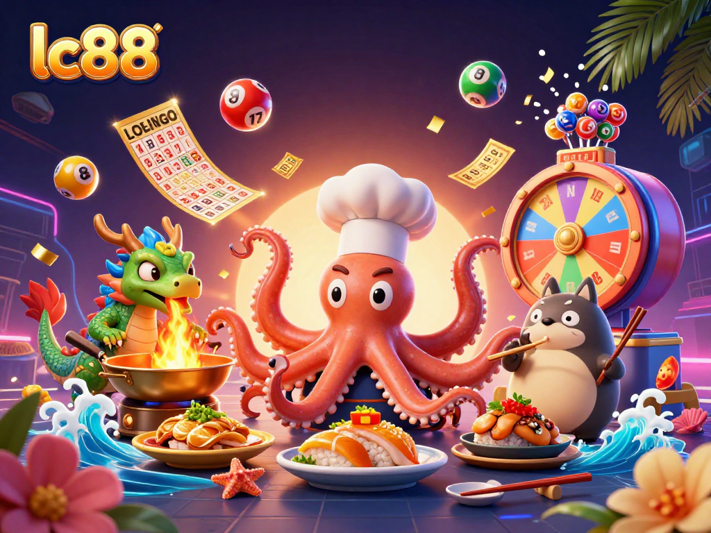 Engage in lc88's vibrant lottery action with colorful balls, golden tickets, and dynamic characters.