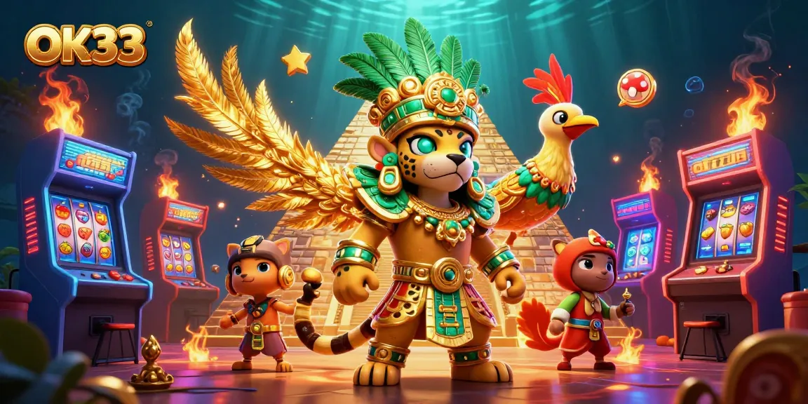 Engage in thrilling games at OK33, featuring dynamic slot reels and energetic characters in vibrant scenes.