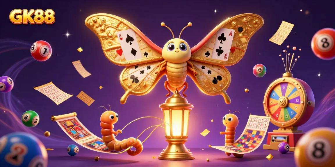 GK88 offers thrilling gaming with vibrant lottery elements and a stunning 3D moth in motion.