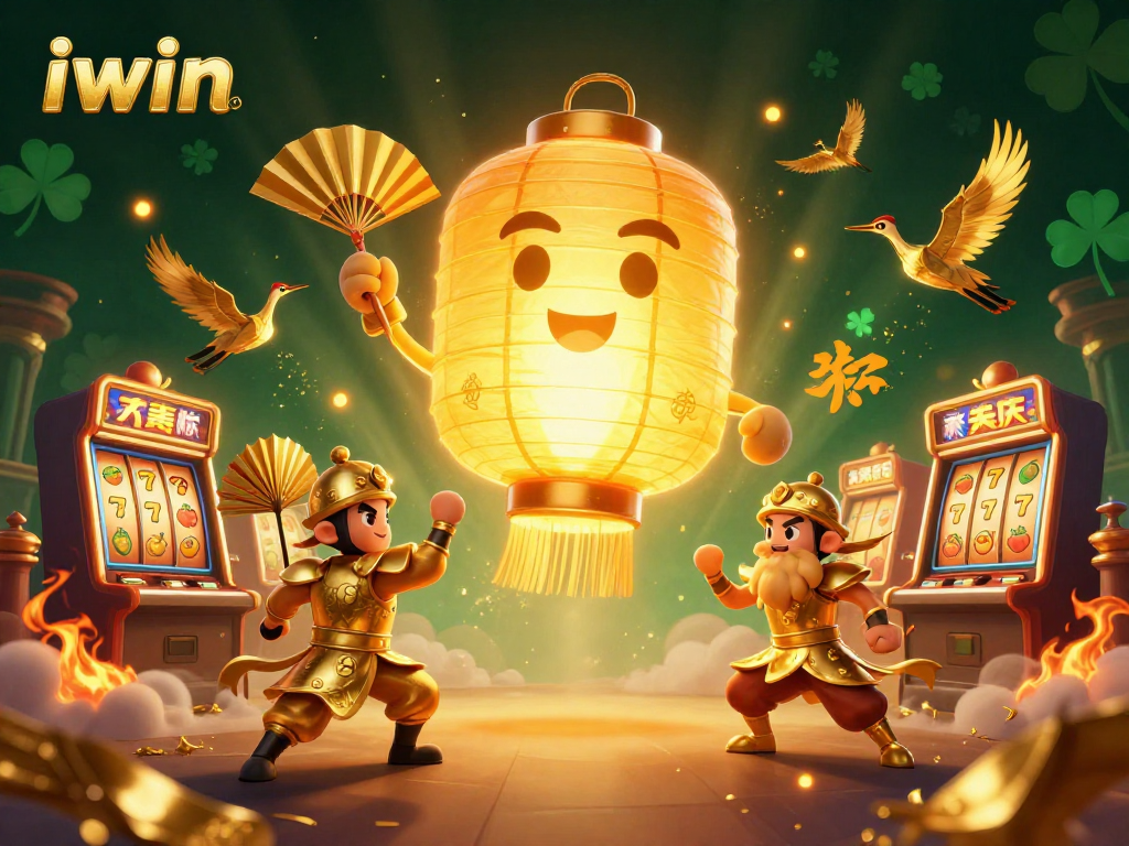 iwin casino illustration showcasing a golden lantern spirit and vibrant gaming elements.