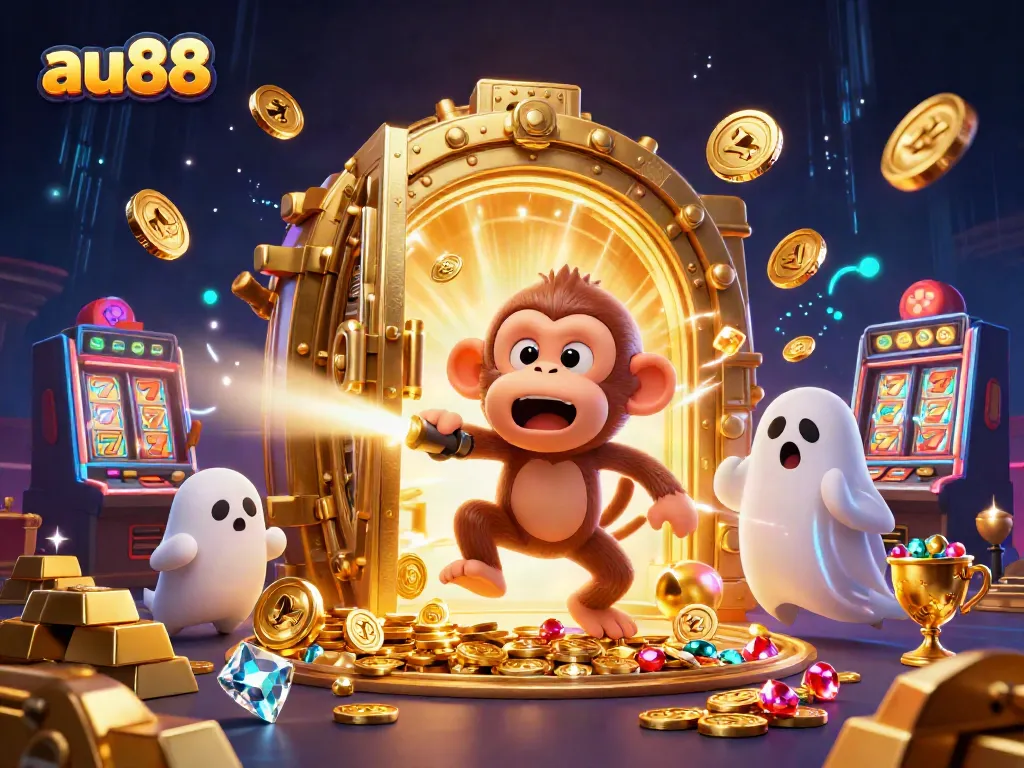 Experience the excitement of au88 with a playful poltergeist monkey and ghost-hunter puppy in a vibrant casino scene.