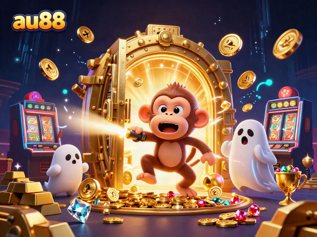 Experience the excitement of au88 with a playful poltergeist monkey and ghost-hunter puppy in a vibrant casino scene.