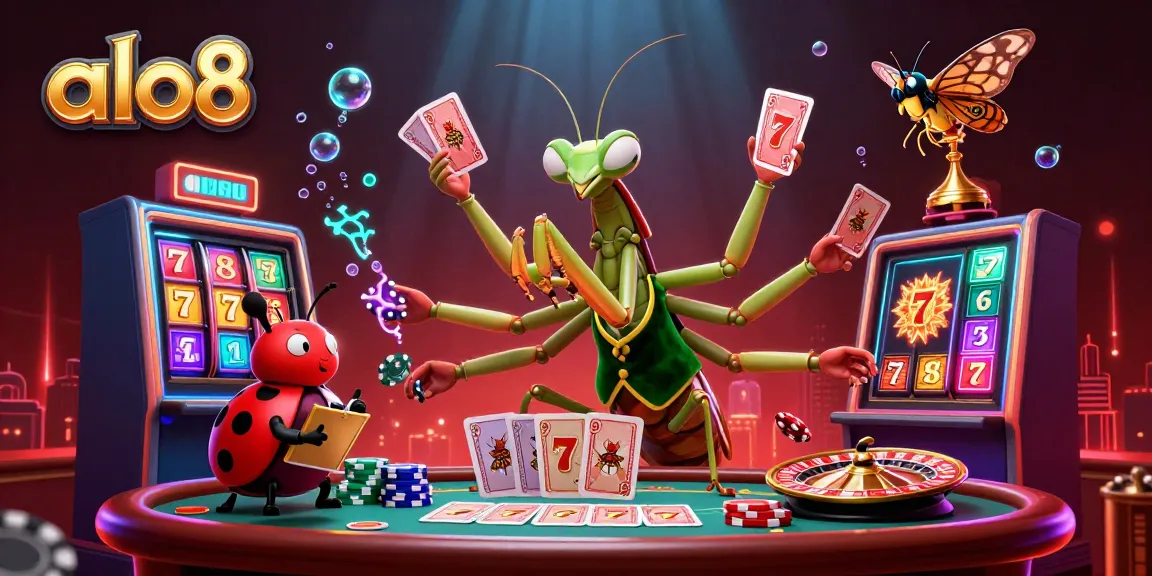 Experience thrilling gameplay at alo8 with a vibrant 3D casino scene showcasing colorful slots, chips, and lively characters.