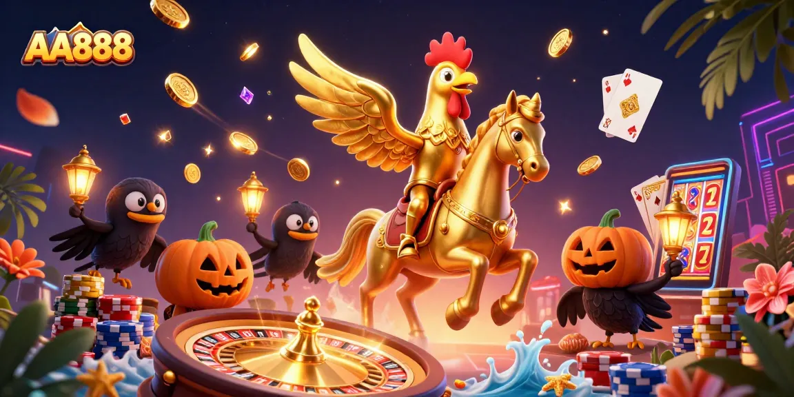 Experience the thrill of AA888 gambling with a dynamic scene of vivid casino elements.
