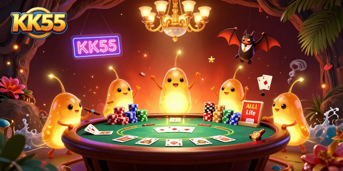 Engage in gaming excitement at KK55 with vibrant glowworms illuminating a lively casino scene.