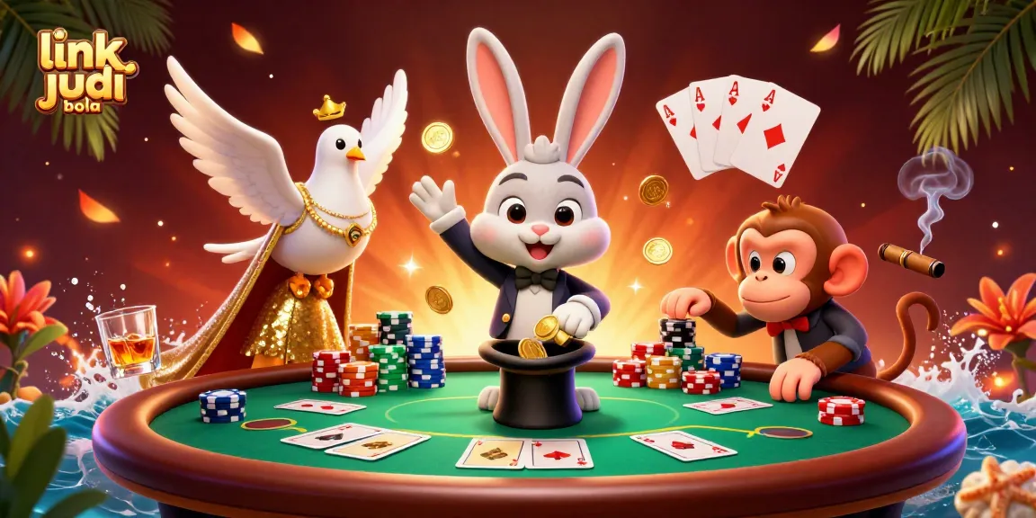Place your bets with updated link judi bola, featuring lively gambling characters in a dynamic casino scene.