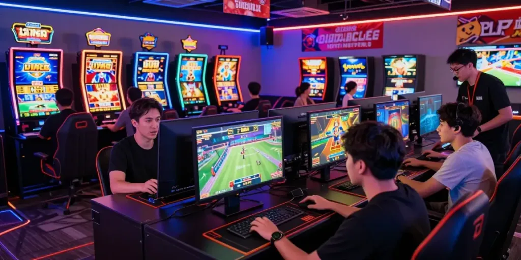 Exciting gaming players at H19 showcasing interactive gameplay experience at https://h19gene.com/ with high-tech displays and vibrant atmosphere.