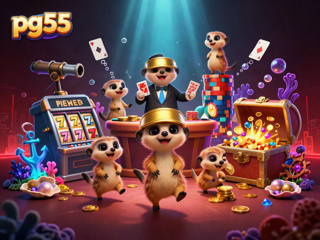 Experience the fun of pg55 with these meerkats in a vibrant casino scene.