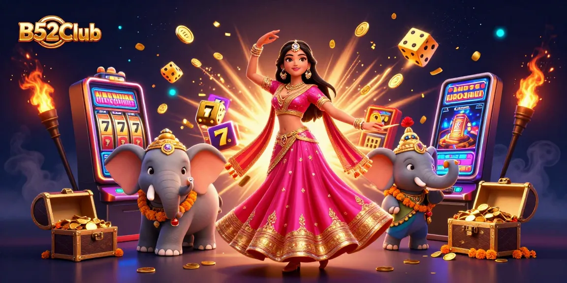 B52Club engages players with vibrant casino games, slot machines, and rich decorations in a stunning 3D illustration.