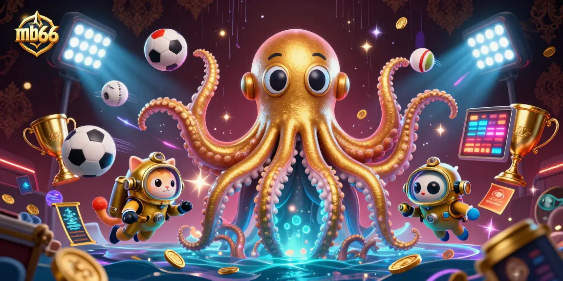 Experience the excitement of mb66 with a vibrant 3D illustration of a kraken, diving cat, and energetic sports elements.