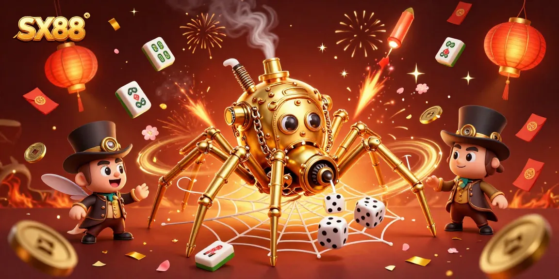 SX88 welcomes players to a vibrant steampunk casino adventure with golden spider web and dice.