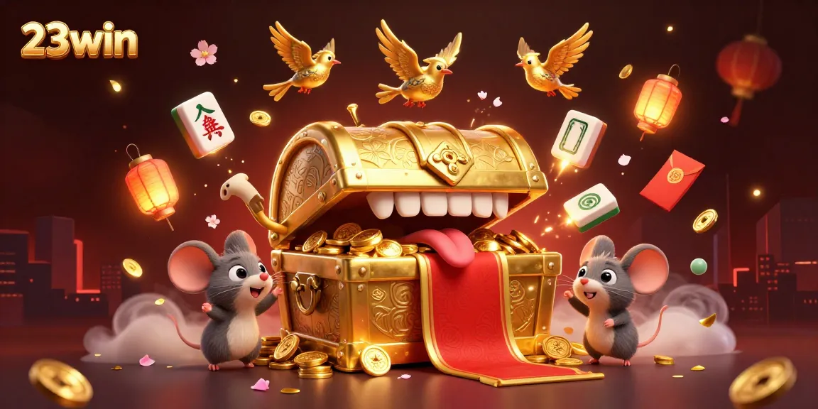 Experience thrilling games with 23win, showcasing vibrant casino elements and treasures in a captivating 3D illustration.