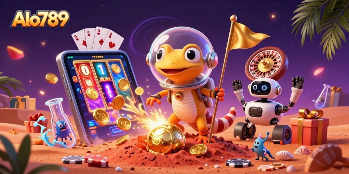 Play games with excitement at Alo789 as the gecko uncovers a hidden casino in this vibrant 3D scene.