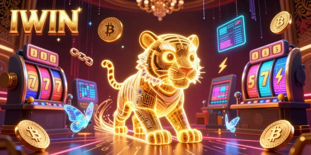 Engage in thrilling casino adventures with IWIN's vibrant gaming scene featuring a glowing tiger and neon elements.