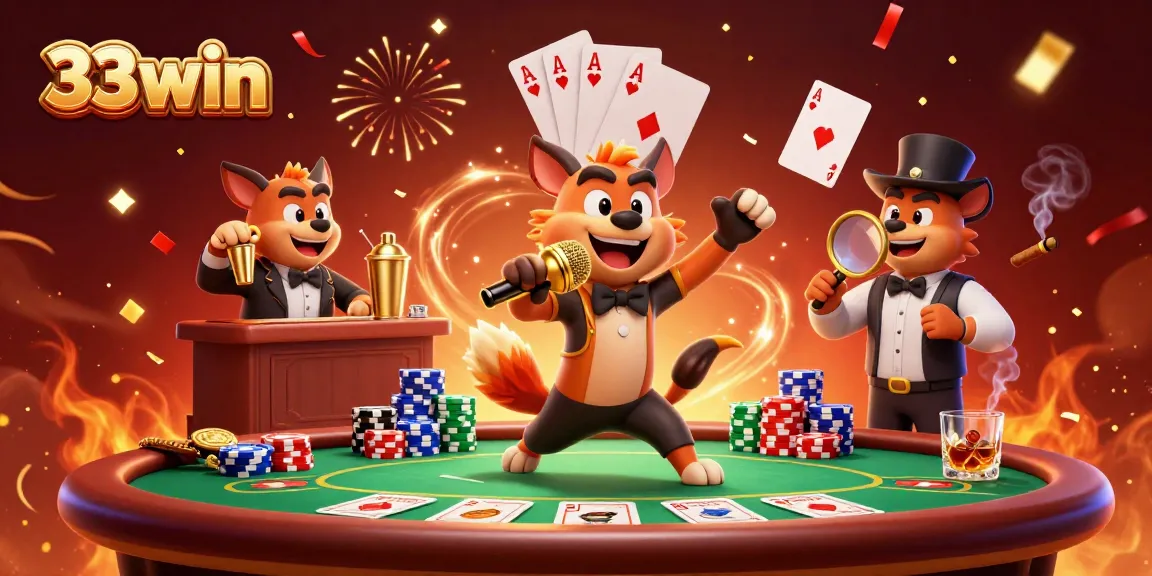 33win hyenas perform comedy at a vibrant casino scene filled with poker elements.