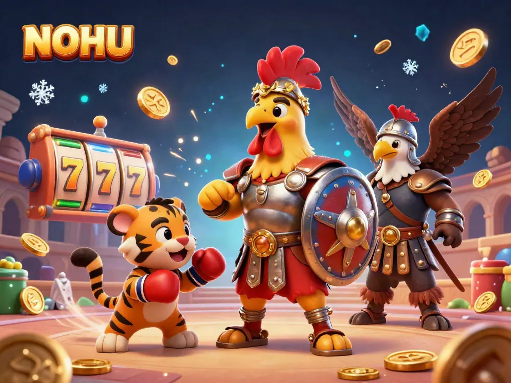 Experience the thrill of NOHU with a vibrant 3D illustration of a rooster and cub engaging in casino slot games.